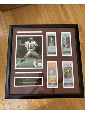 Framed Joe Montana Four Time Superbowl Champion Memorabilia with Tickets